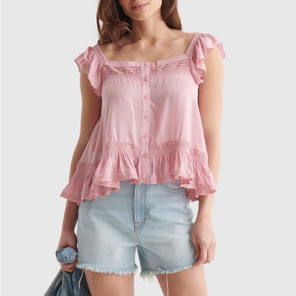 Lucky Brand Pink Short Sleeve  Square Neck Peplum Blouse. Size Large. NWT.